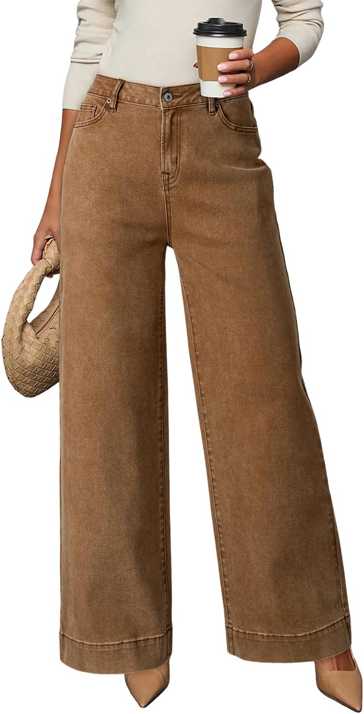 DOKOTOO Women’s Casual High Waisted Jeans Stretch Button Wide Leg Loose Denim Pants with Pockets
