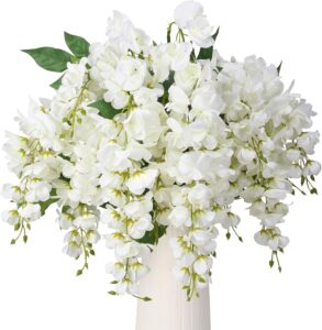 Luyue 2PCS Silk Wisteria Hanging Flowers, Faux Wisteria Artificial Flowers Anti-Faded Resistant Realistic Fake Flower for Wedding Arch Backdrop Home Garden Patio Indoor Outdoor Decoration (White)
